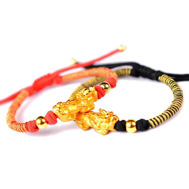24k Plated Pure Silver 990 FENG SHUI Red/Black Rope AFFLUENCE Bracelet
